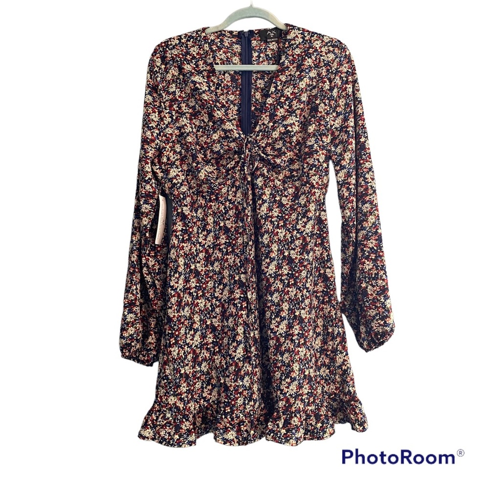NWT AX Paris Mini Navy Floral Long Sleeve Ruffle Flouce Dress Size 12